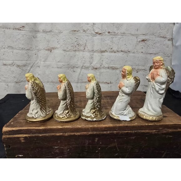 5 Vintage Chalkware Mid Century MCM Blond Angels Standing & Kneeling  4"-3" - Picture 6 of 8